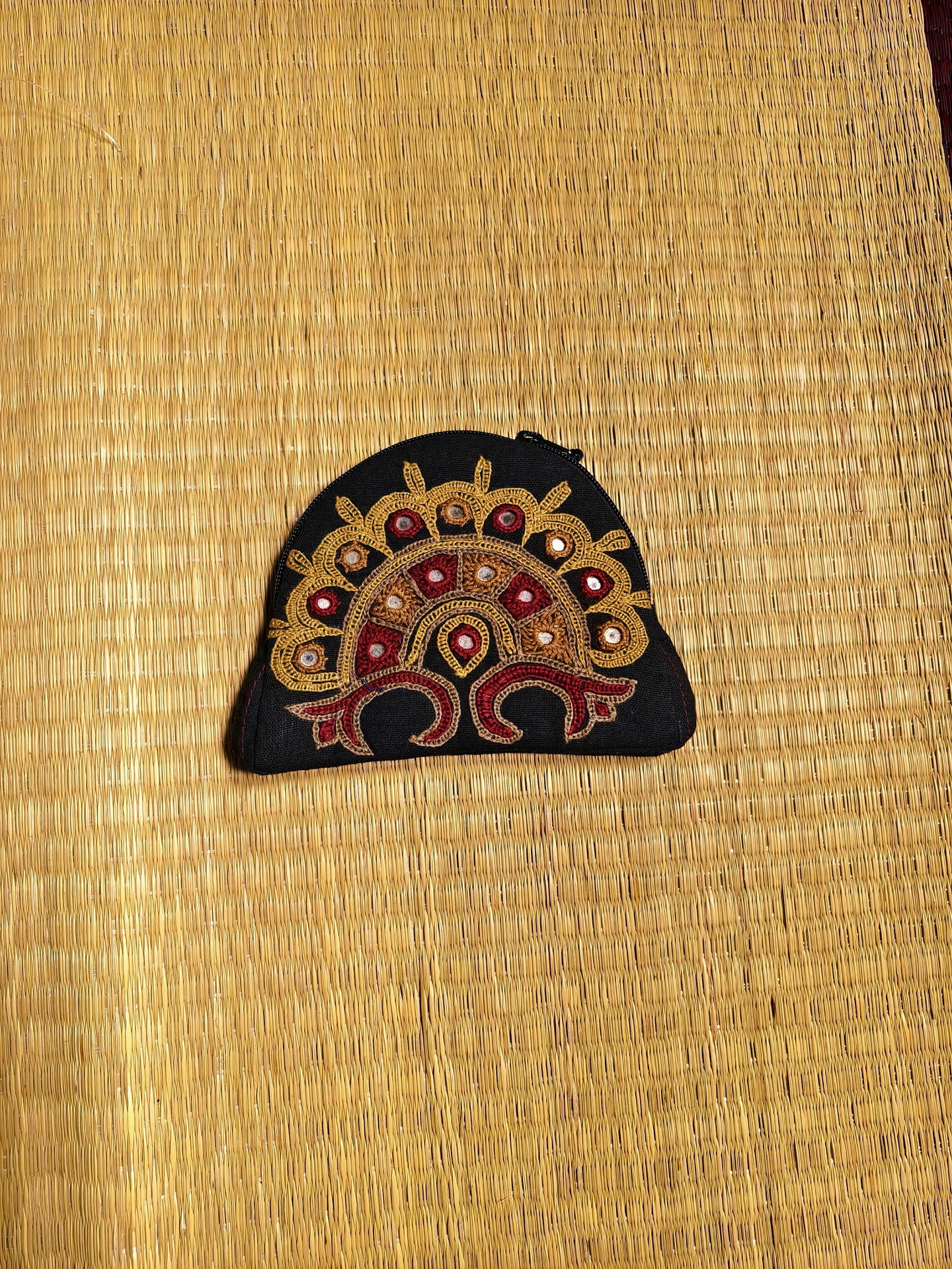 Black Maroon Kutch Single Side Embroidered Mirror Work Coin Purse